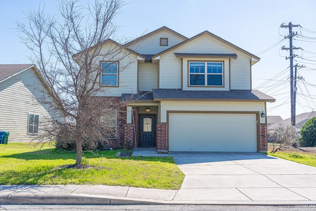 view of front of house with a garage, brick siding, a shingled roof, concrete driveway, and a front yard