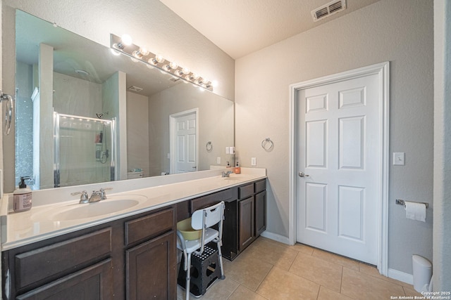 bathroom featuring a stall shower, visible vents, toilet, tile patterned floors, and a sink