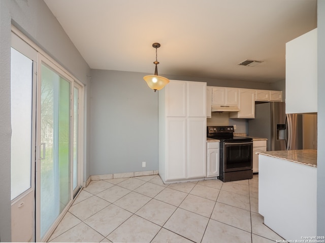 kitchen featuring light tile patterned floors, under cabinet range hood, visible vents, white cabinets, and appliances with stainless steel finishes