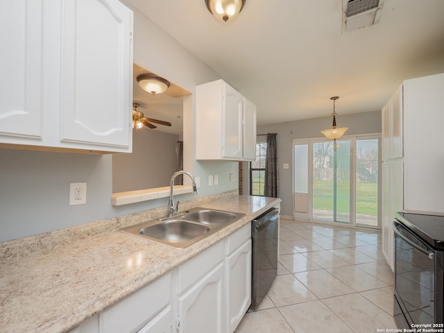 kitchen with electric range, visible vents, dishwasher, white cabinetry, and a sink