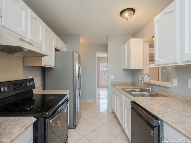 kitchen with light tile patterned floors, white cabinets, a sink, black range with electric cooktop, and dishwashing machine