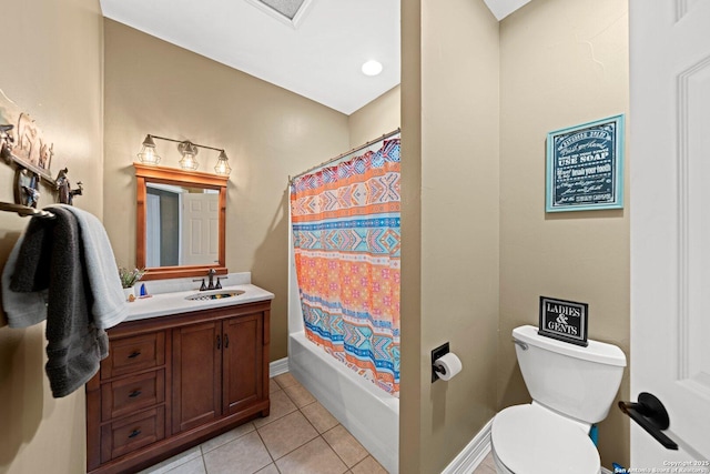 bathroom with shower / bath combination with curtain, toilet, vanity, tile patterned flooring, and baseboards