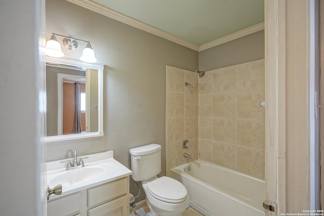 bathroom with toilet, ornamental molding, bathing tub / shower combination, and vanity