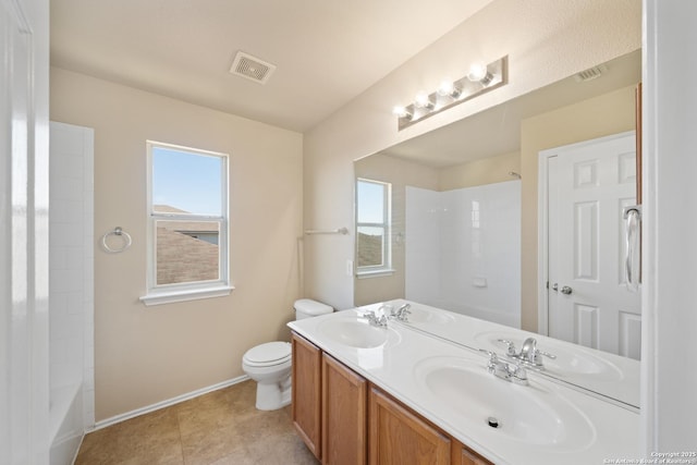 bathroom with visible vents, a sink, toilet, and double vanity