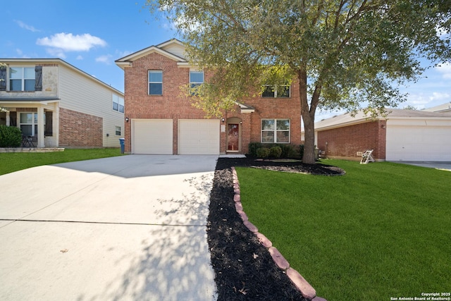 view of front facade featuring concrete driveway, brick siding, an attached garage, and a front lawn