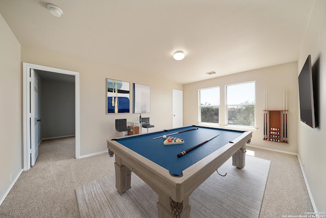 playroom featuring pool table, visible vents, light carpet, and baseboards