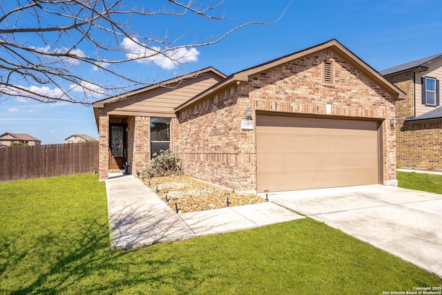 ranch-style home with brick siding, concrete driveway, a front yard, fence, and a garage