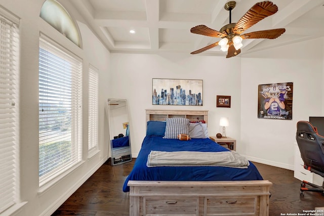 bedroom with baseboards, coffered ceiling, ceiling fan, dark wood-style flooring, and beam ceiling