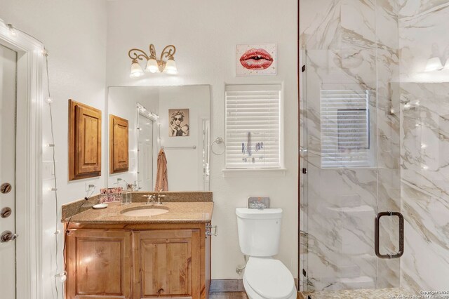 bathroom with toilet, a marble finish shower, and vanity