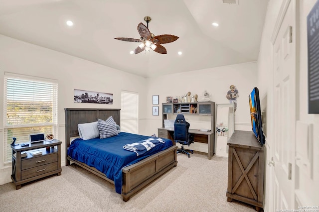 bedroom with recessed lighting, light carpet, ceiling fan, and lofted ceiling