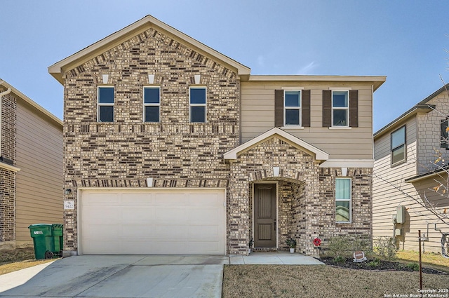 view of front of home with driveway, brick siding, and an attached garage