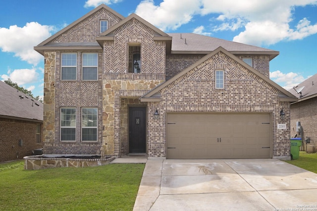 view of front facade with concrete driveway, brick siding, a front lawn, and an attached garage