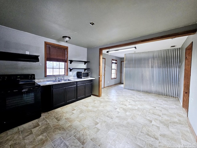 kitchen with black range with electric stovetop, a sink, exhaust hood, light countertops, and stainless steel microwave