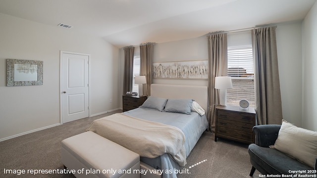 carpeted bedroom with lofted ceiling, visible vents, and baseboards