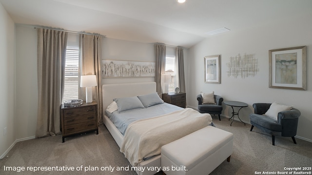 bedroom with lofted ceiling, carpet, visible vents, and baseboards