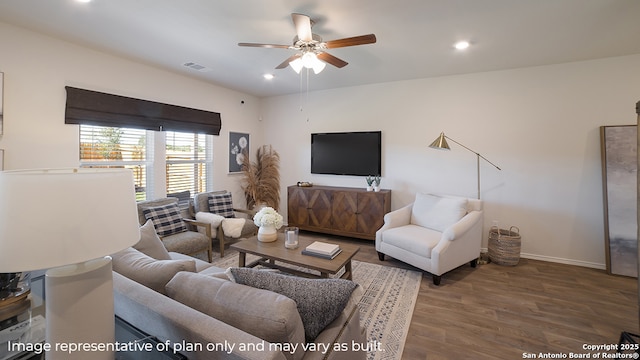 living room with ceiling fan, recessed lighting, wood finished floors, visible vents, and baseboards