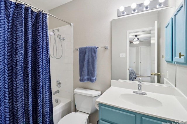 bathroom with a ceiling fan, shower / bath combo, vanity, and toilet