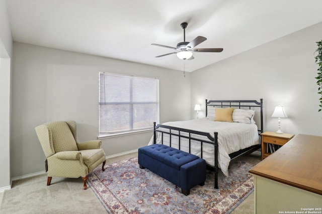 bedroom with carpet, ceiling fan, and baseboards