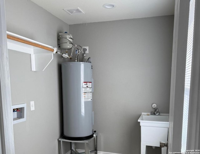 utility room with visible vents, a sink, and electric water heater