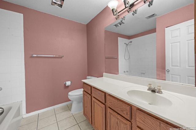 bathroom featuring shower / bathtub combination, toilet, vanity, and visible vents