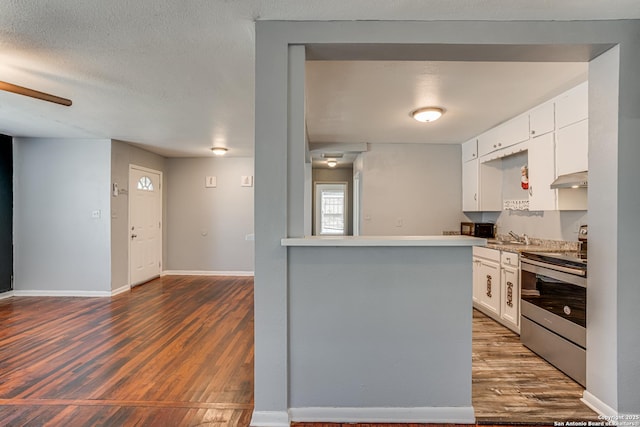 kitchen with under cabinet range hood, a sink, white cabinets, stainless steel electric stove, and dark wood finished floors