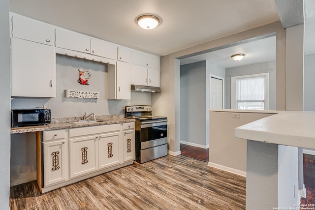 kitchen with stainless steel electric stove, a sink, wood finished floors, black microwave, and under cabinet range hood