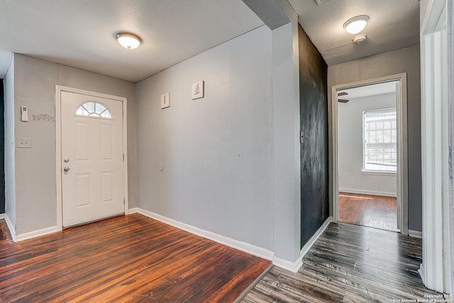 foyer with baseboards and wood finished floors