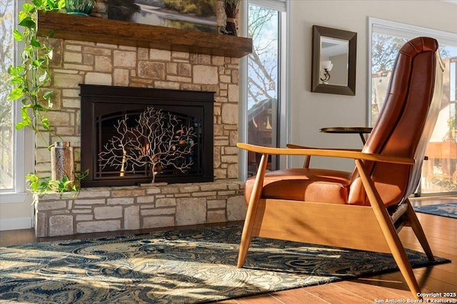 living area with a fireplace and wood finished floors