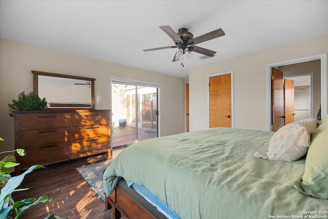 bedroom with access to outside, a ceiling fan, and wood finished floors