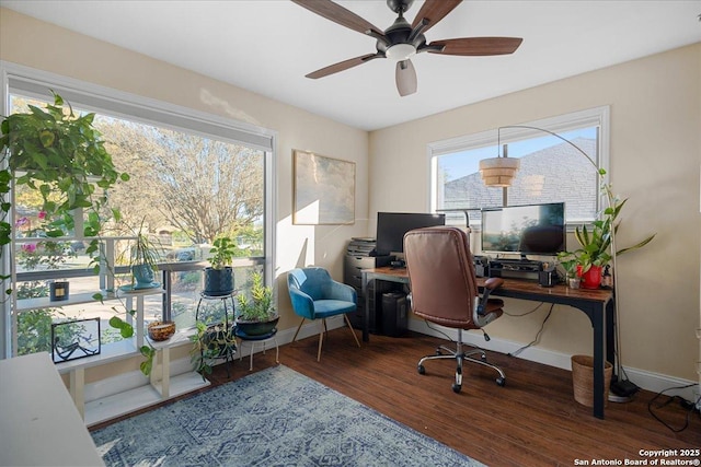 home office featuring a ceiling fan, baseboards, and wood finished floors