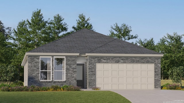 ranch-style home with a shingled roof, a front yard, concrete driveway, and an attached garage