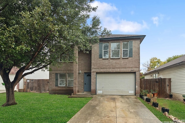 traditional-style house with driveway, brick siding, an attached garage, fence, and a front yard