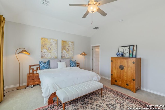 bedroom featuring light carpet, baseboards, visible vents, and vaulted ceiling