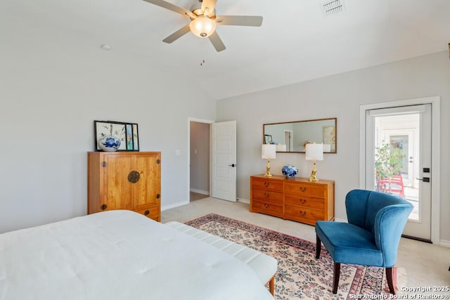 carpeted bedroom with lofted ceiling, visible vents, a ceiling fan, access to outside, and baseboards