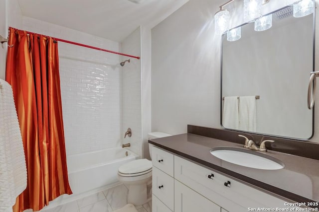 bathroom with marble finish floor, shower / tub combo, vanity, and toilet