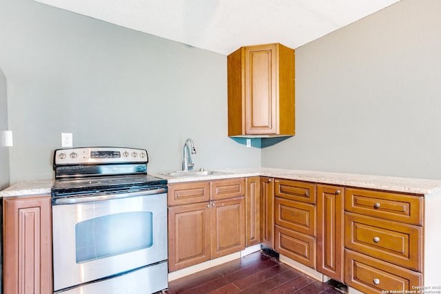 kitchen featuring a peninsula, stainless steel electric range oven, dark wood finished floors, and a sink