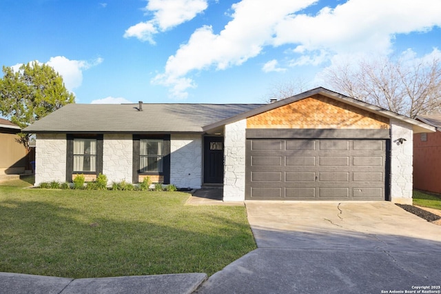 view of front of property featuring concrete driveway, a front lawn, an attached garage, and a shingled roof