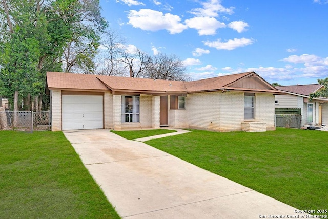 ranch-style home with driveway, brick siding, an attached garage, fence, and a front yard