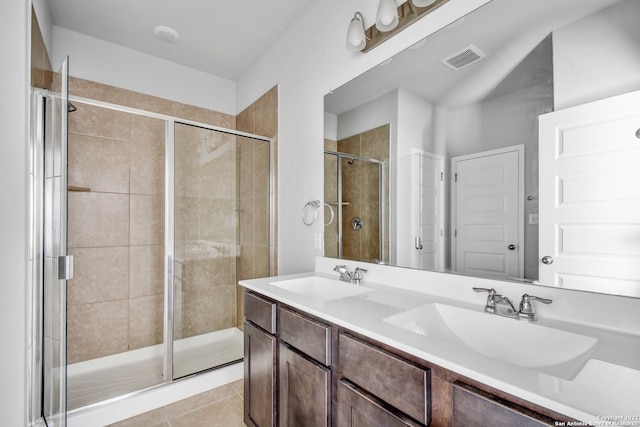 full bath with a shower stall, visible vents, and a sink