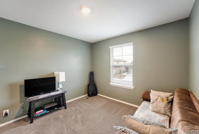 sitting room featuring carpet and baseboards