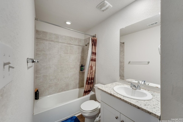 full bath featuring toilet, visible vents, shower / bath combination with curtain, and a textured wall