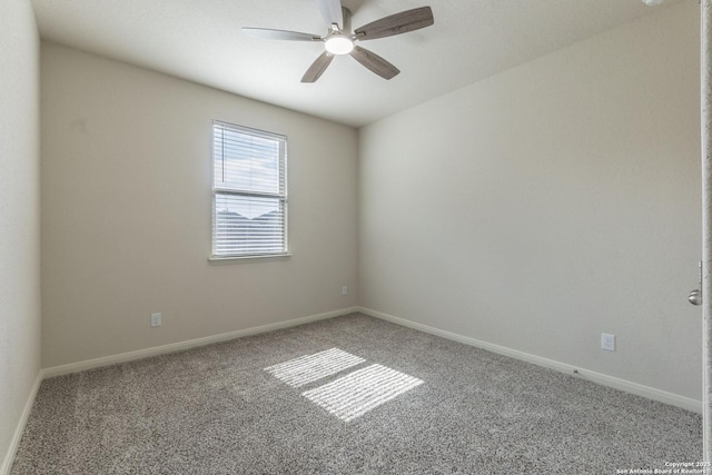 unfurnished room with carpet floors, baseboards, and a ceiling fan