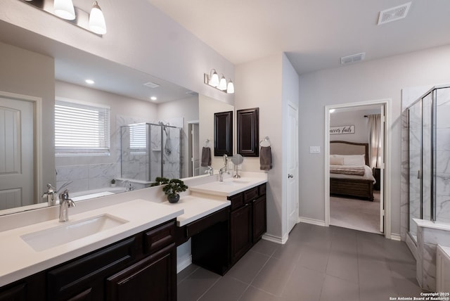 full bathroom featuring a stall shower, ensuite bath, and visible vents