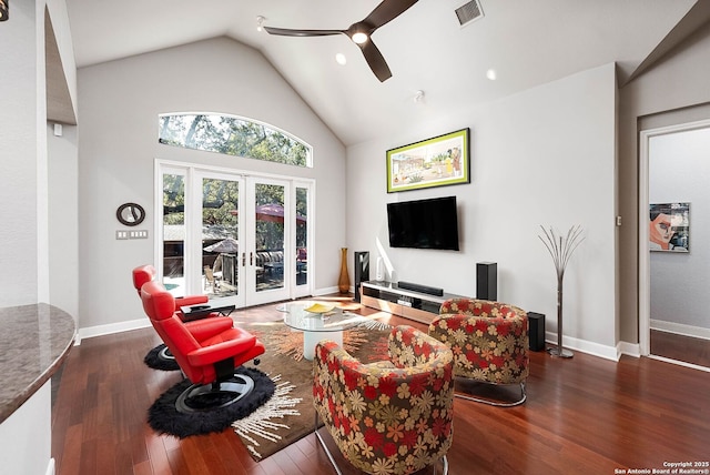 living room featuring french doors, visible vents, ceiling fan, wood finished floors, and high vaulted ceiling