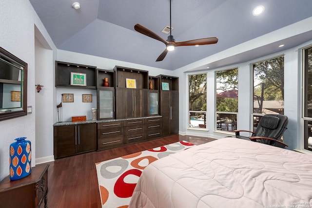 bedroom with dark wood-style flooring, lofted ceiling, recessed lighting, a ceiling fan, and baseboards