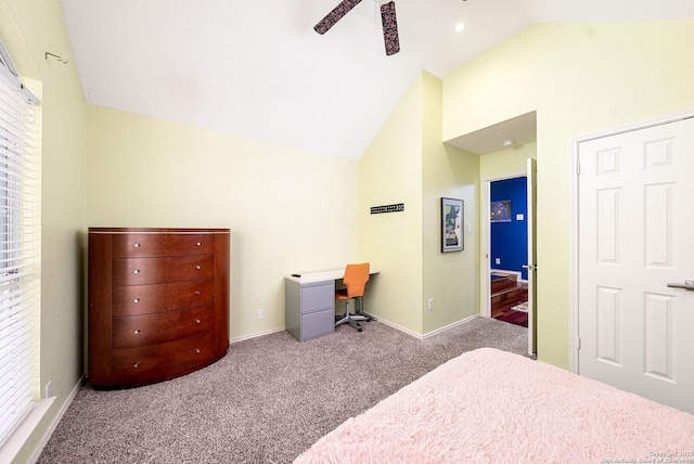 bedroom with baseboards, carpet, high vaulted ceiling, and a ceiling fan