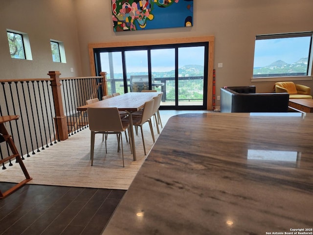 dining space with a mountain view and dark wood finished floors