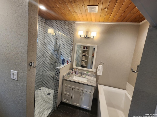 full bath with tiled shower, wood ceiling, tile patterned flooring, vanity, and a bath