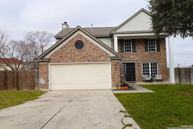 traditional-style home featuring brick siding, a chimney, concrete driveway, an attached garage, and fence