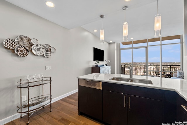 kitchen with baseboards, dishwasher, dark cabinets, wood finished floors, and a sink